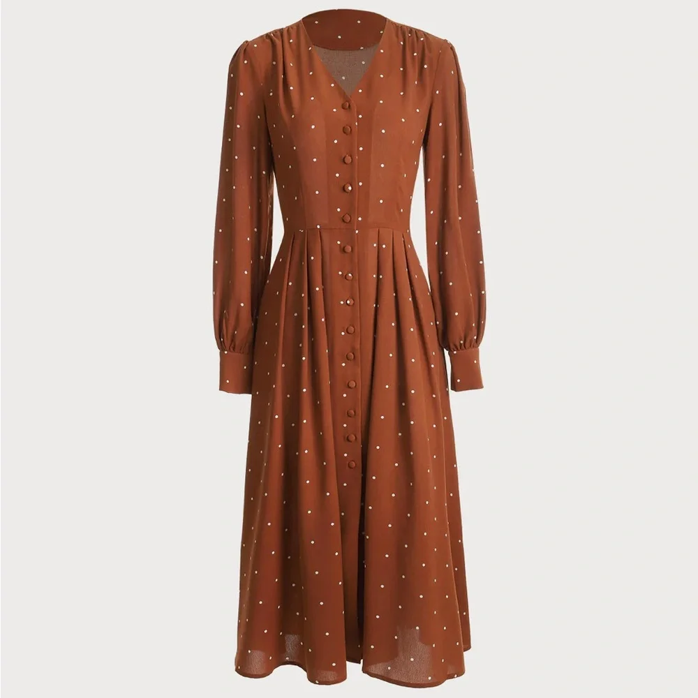 Rihoas Brown Polka Dot Pleated Midi Dress - Picture 4 of 7